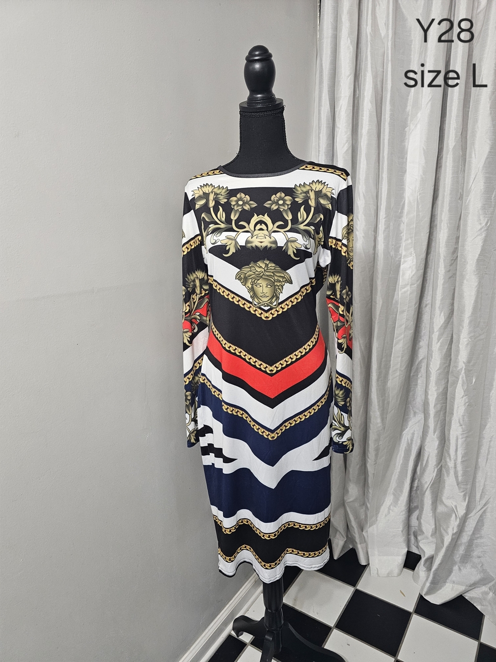 Gold Chain Print Long Sleeve Dress - Black/Red/Navy